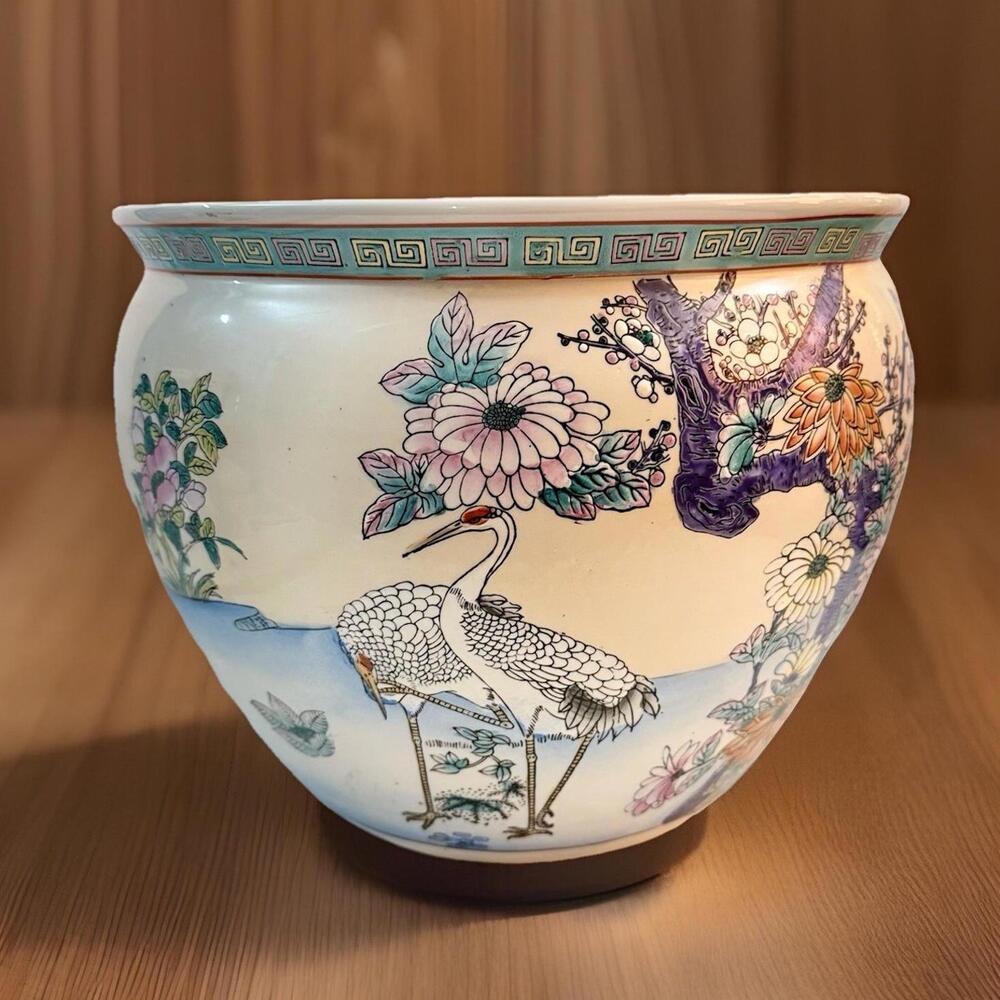 Vintage Chinese Export Ceramic Fish Bowl Planter 10” High X 13 1/2” Wide 1970s